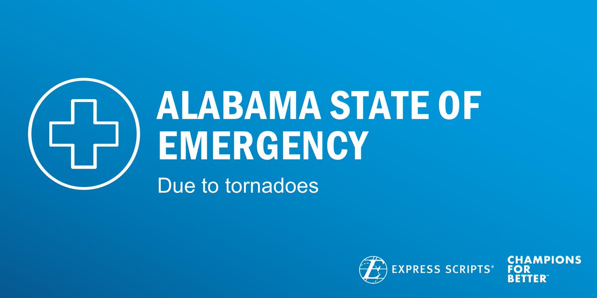 ExpressScripts's tweet photo. Alabama has declared a state of emergency. If you need access to an emergency refill due to lost or damaged medication, call the number on the back of your prescription ID card, and check out our emergency planning tips: https://t.co/jeTwsp4x6l #AlabamaTornado https://t.co/R0WG9qDJqs