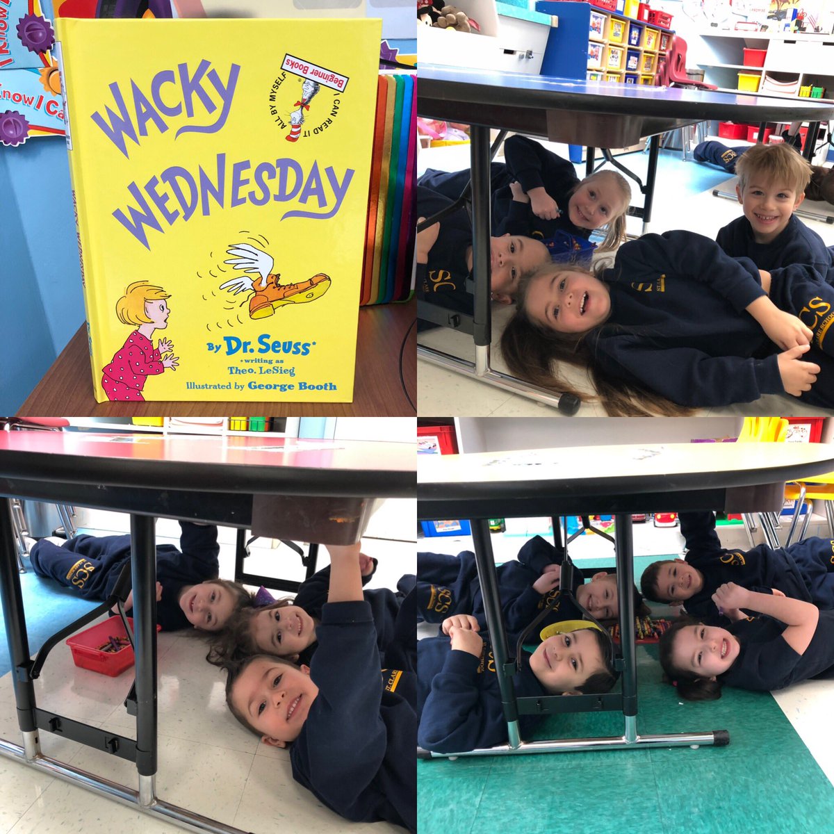 SCS_Prek's tweet photo. We took inspiration from Dr. Seuss’ story, “Wacky Wednesday.” The children were drawing pictures in an unusual place ... under the tables!!! #WackyWednesday #somuchfun #prekisthebestplacetobe https://t.co/ci1dlp6l2Y