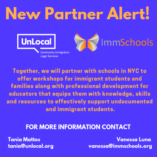 unlocal's tweet photo. We are happy to announce a new partnership with @immschools. Together we will partner with schools to lead professional development for educators with trainings to effectively support undocumented and immigrant students.
.
.
.
#partnerships #collaborations #unlocal #immschools https://t.co/i1bmktNCfN