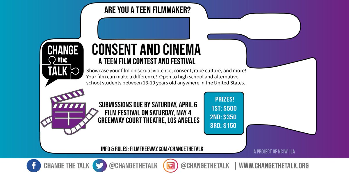 ChangeTheTalk's tweet photo. Calling all teen filmmakers! Change the Talk is hosting a film contest and festival to raise awareness about sexual violence and consent. Please spread the word! #filmcontest #filmfestival #consent #endsexualviolence #changethetalk https://t.co/PfOf9ZJ5kG