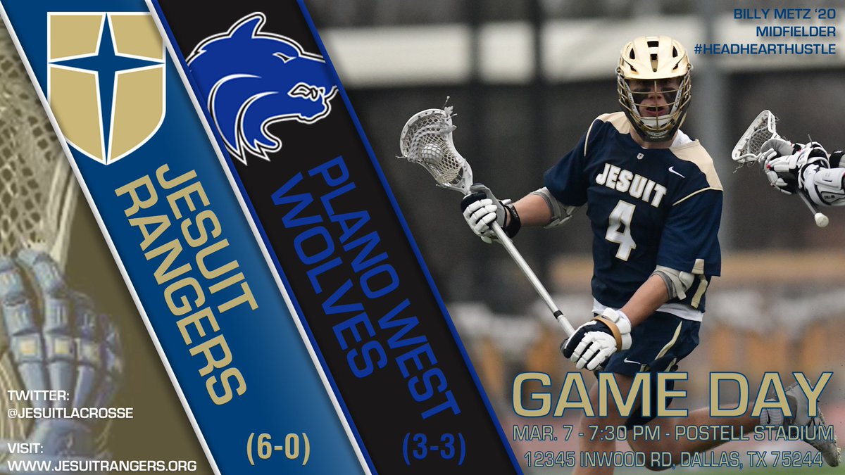 JesuitAthletics's tweet photo. IT'S GAMEDAY! @JesuitLacrosse will open the 2018 home campaign against Plano West at 7:30 p.m.! Watch tonight's game LIVE on https://t.co/3GVUYM7MKP. https://t.co/MXZQIwqWWb