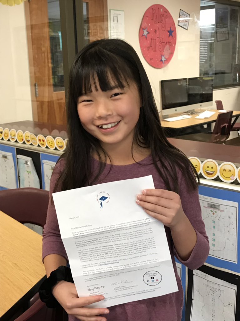 smsung's tweet photo. Michi is thrilled to be named a 2019 Carson Scholar! It’s a special honor because it’s about service as well as scholarship. Each school in this nationwide program can only nominate one student! @carsonscholars https://t.co/43uEma64Xp