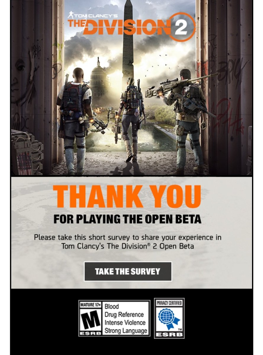 WorldOfCherno's tweet photo. Check your emails for a Survey from @TheDivisionGame regarding #TheDivision2OpenBeta!

Make sure you leave some good feedback. 😎

#TheDivision #TheDivision2 https://t.co/DuEg6DdlNw