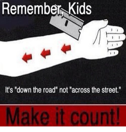 Remember meme. Remember kids. Remember kids. Electricity will kill you. Down the road not across the street.