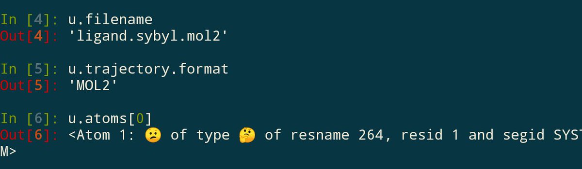 HighSpeedMode's tweet photo. @julienmich80 Only one I tested, but it looks like @mdanalysis somehow handles mol2 emojis ๐ (note: this was not comprehensive test). https://t.co/3JHHTujF32
