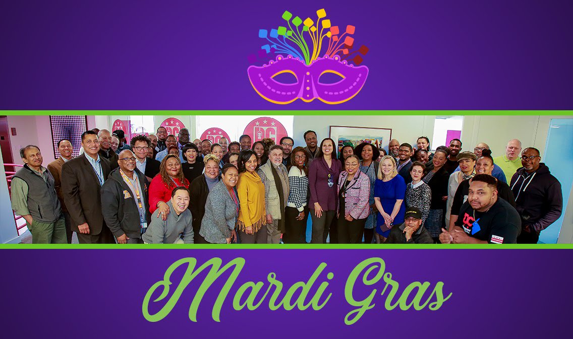 entertain_dc's tweet photo. Director #AngieGates, Executive Director Terrie Rouse-Rosario of the DC Commission on the Arts and Humanities &amp; and the #OCTFME Team celebrate Mardi Gras! 🎭 #202Creates #EntertainDC #MardiGras https://t.co/Jw7Bpl6fl8
