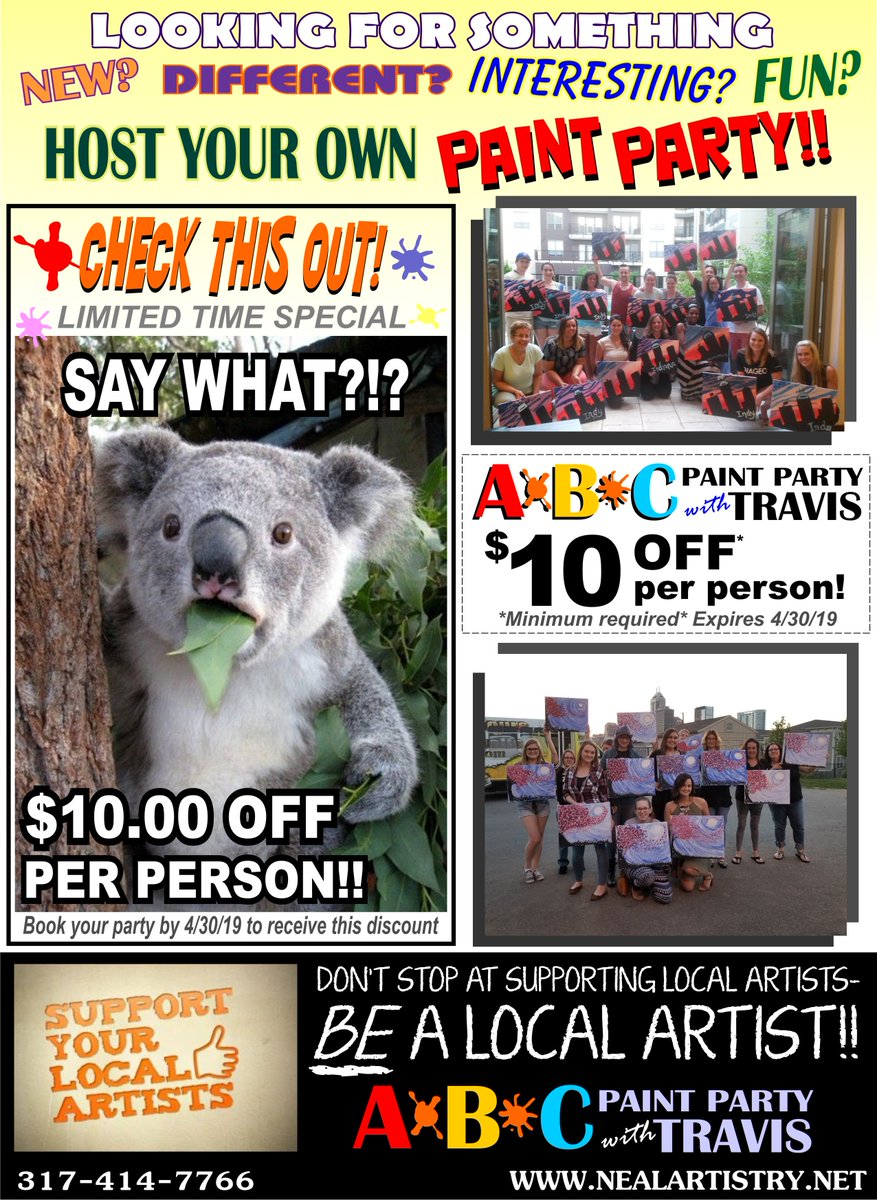 ArtistryTravis's tweet photo. 🎨Looking for something FUN &amp; DIFFERENT to do?? Throw a PAINT PARTY!! We will bring the party to you..Book by April 30th for any date in 2019 &amp; receive $10 OFF PER PERSON🎉#abcpaintparty #indy https://t.co/aq0nq2IagP https://t.co/5FIxdDQY3Q