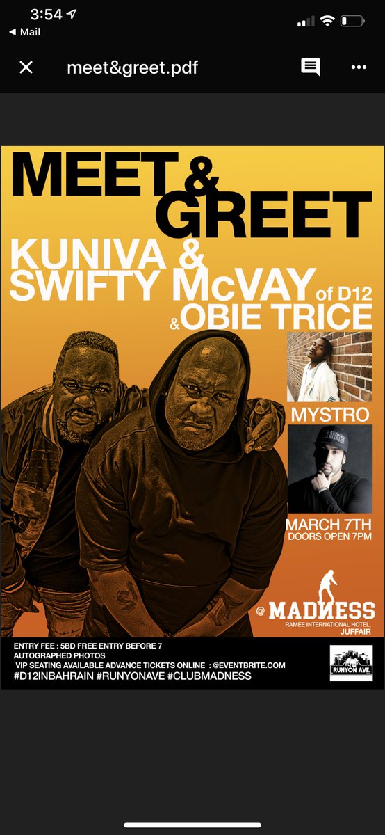 RunyoneA's tweet photo. Bahrain 🇧🇭!! Stand up
TONIGHT!! the invasion hits hard!! Come and meet 3 of Shady Records OGs and all of the performing! At Club Madness in Juffair starting at 7pm #repost RT #d12inbahrain #runyonave https://t.co/HtYVbuH8ho