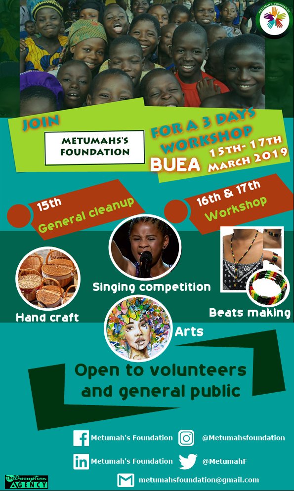 MetumahF's tweet photo. Join us for a 3 Days workshop,  sophisticated with fun filled activities for everyone. Officially open to sponsors,  volunteers and general public who want to participate. 
@PlanCameroon @VSO
@237online @disruption_the @amihblog @IAnjiebright @UN_Cameroon @st_B_orphanage https://t.co/Aklj3mF1yv