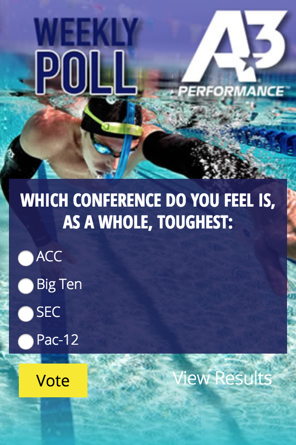 a3performance's tweet photo. NEW #a3poll online at @swimswamnews. Which Conference do you think is toughest? #Vote! https://t.co/P7OH9jSI9x #B1G #Pac12 #ACC #SEC #a3performance https://t.co/0Bw3H28DZd