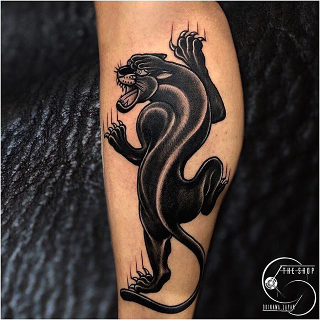 American Traditional style crawling panther on forearm done by Brad Loveday  at Saint Tattoo in Knoxville TN  rtattoos