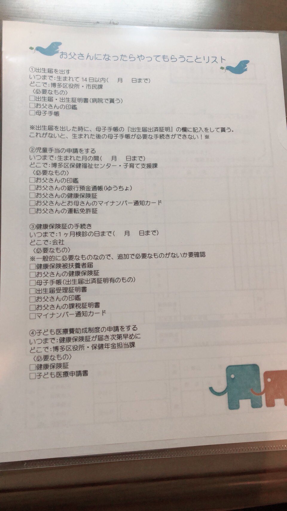 もち子 産後の妻の代わりに出生届出した謎のドヤ顔ツイートをよく見ますが それより私が作って主人に渡したやることリスト見て めっちゃ役所か産院かって感じだから