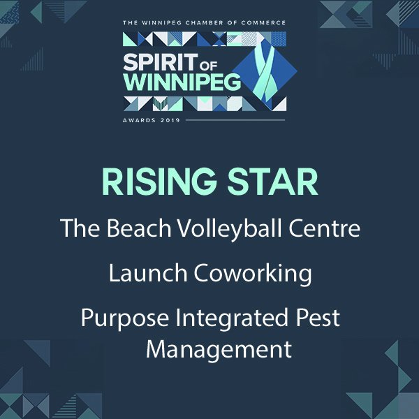 #SpiritWPG: Our first award of the evening is the Rising Star Award, celebrating outstanding effort by an organization in its first or second year of business. This year’s finalists are <a href="/TheBeachWPG/">The Beach Volleyball Centre</a>, @Launch1460, and Purpose Integrated Pest Management.