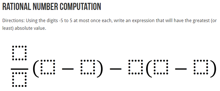 Here's an order of operations and absolute value problem from <a href="/mikewiernicki/">Michael J Wiernicki</a> for your seventh graders to try.  Hints and answers on <a href="/openmiddle/">Open Middle</a>: openmiddle.com/rational-numbe… #iteachmath #MTBoS