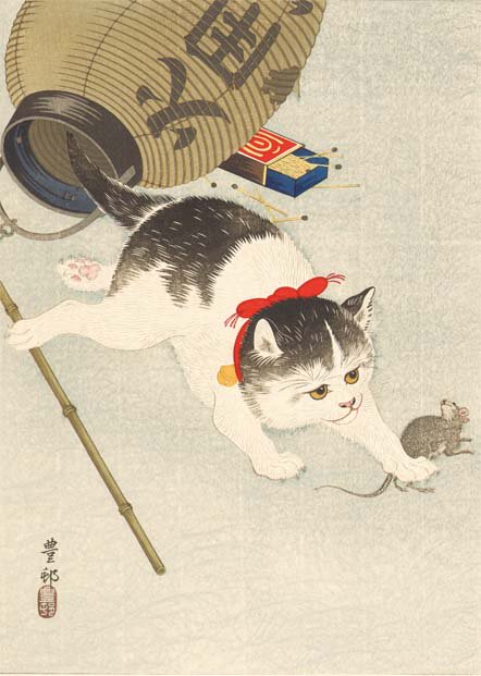 小原古邨の「猫と提灯」。実はそれよりも前に描かれた小林清親の「猫と