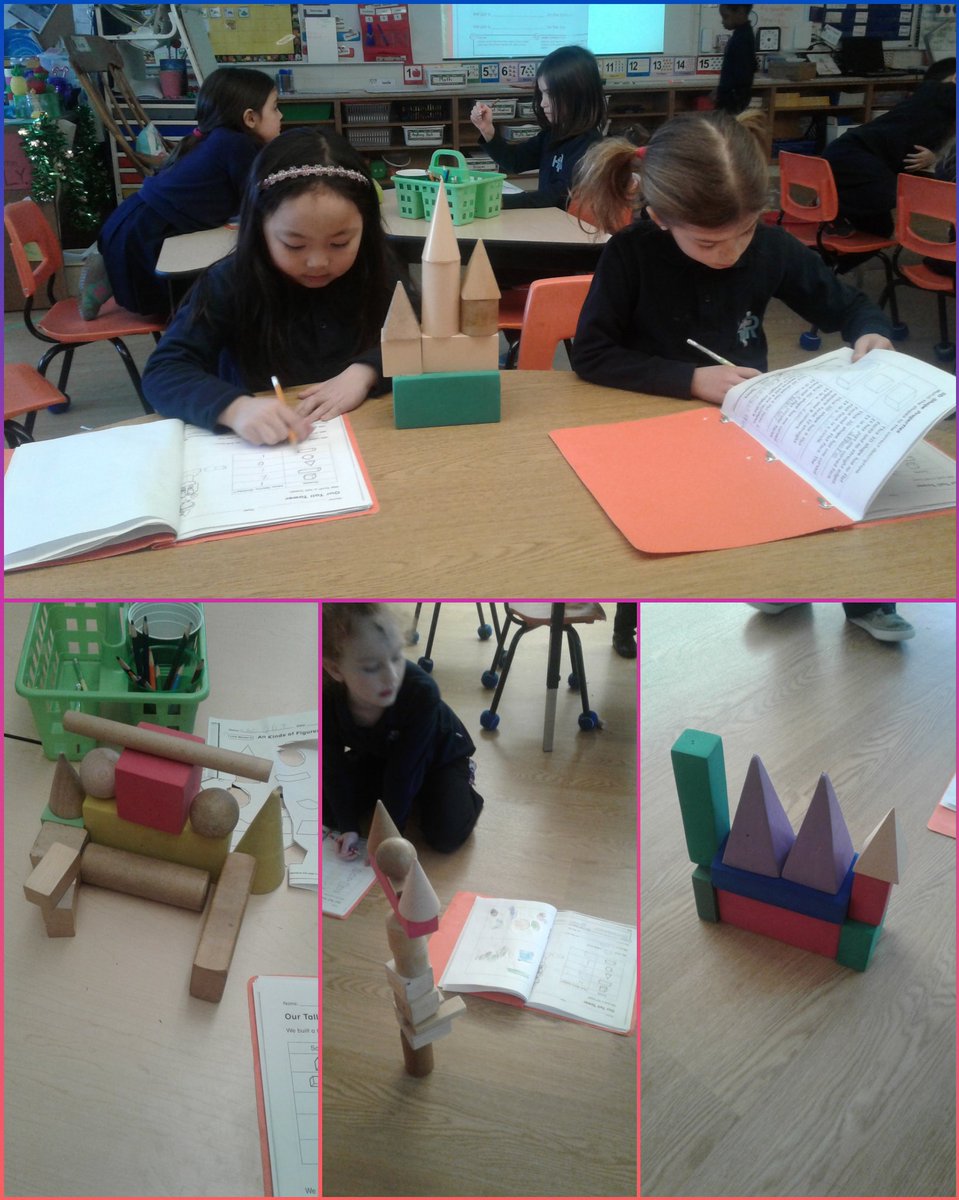 Gr1Flynn's tweet image. Building a with a partner a tower using 3D figures. Which figure did you use? @HolyRosaryM #WeAreHRM #3Dfigures #math #geometry #spherecubecyclinderconepyramid
