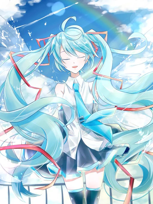 ピアプロ運営です。本日は「空」作品をご紹介!遙鬼さんのミクさん!青空、虹、そして透明な羽…!キラキラで爽やか綺麗な一枚ですね✨【https://t.co/l8gMGDqIaJ】 #piapro #初音ミク 