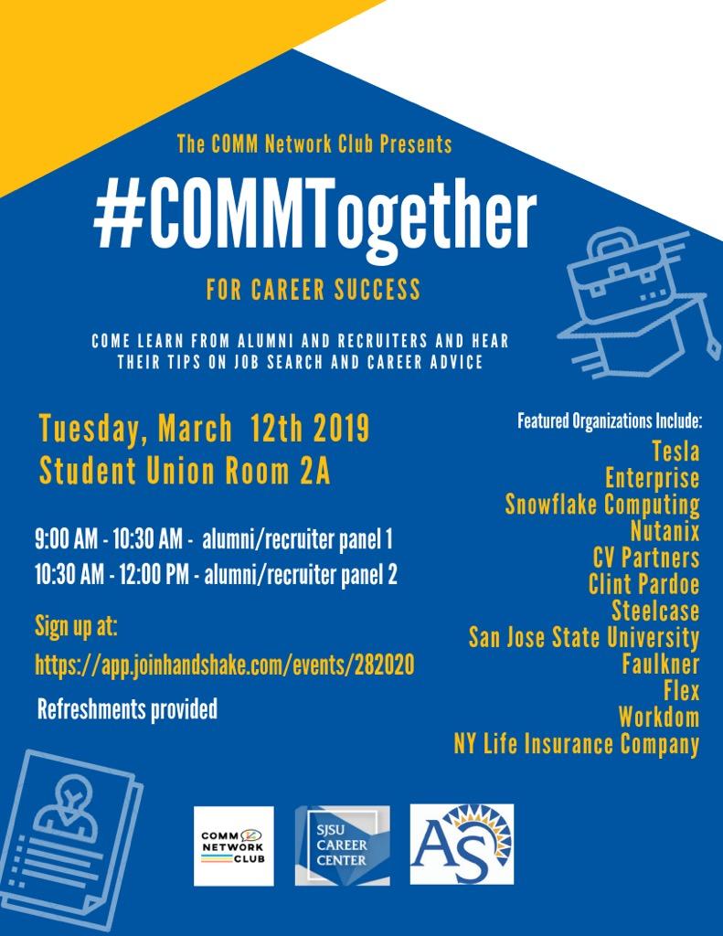 commsjsu's tweet photo. Interested in communication-related careers? Learn from alumni and recruiters and hear their tips on job search and career advice. 

There will be two separate panels, one from 9:00 AM - 10:30 AM and the other from 10:30 AM - 12:00 PM. 

Students can go to one or both panels. https://t.co/N3mqy1LBCm