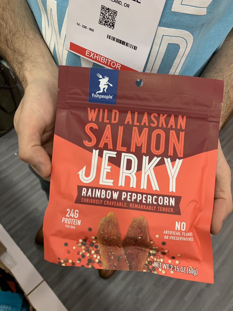 annietrimber's tweet photo. Whoah, SALMON JERKY?! Wild caught from Alaska. This was super interesting! Like lox in jerky form 🙌🏻 @fishpeoples #FoodbeastExpoWest https://t.co/msHBwIEpCV