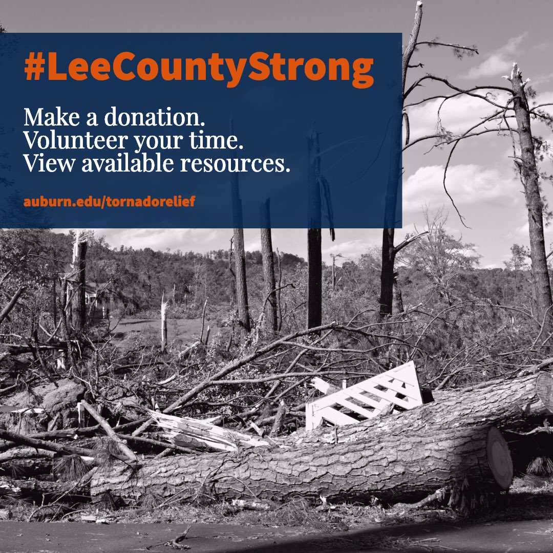 Pitch in and help those in need following the March 3 tornadoes through the many opportunities on our tornado relief resources website: auburn.edu/tornadorelief. 
As members of the Auburn Family, let's show our support and help rebuild our community! #LeeCountyStrong