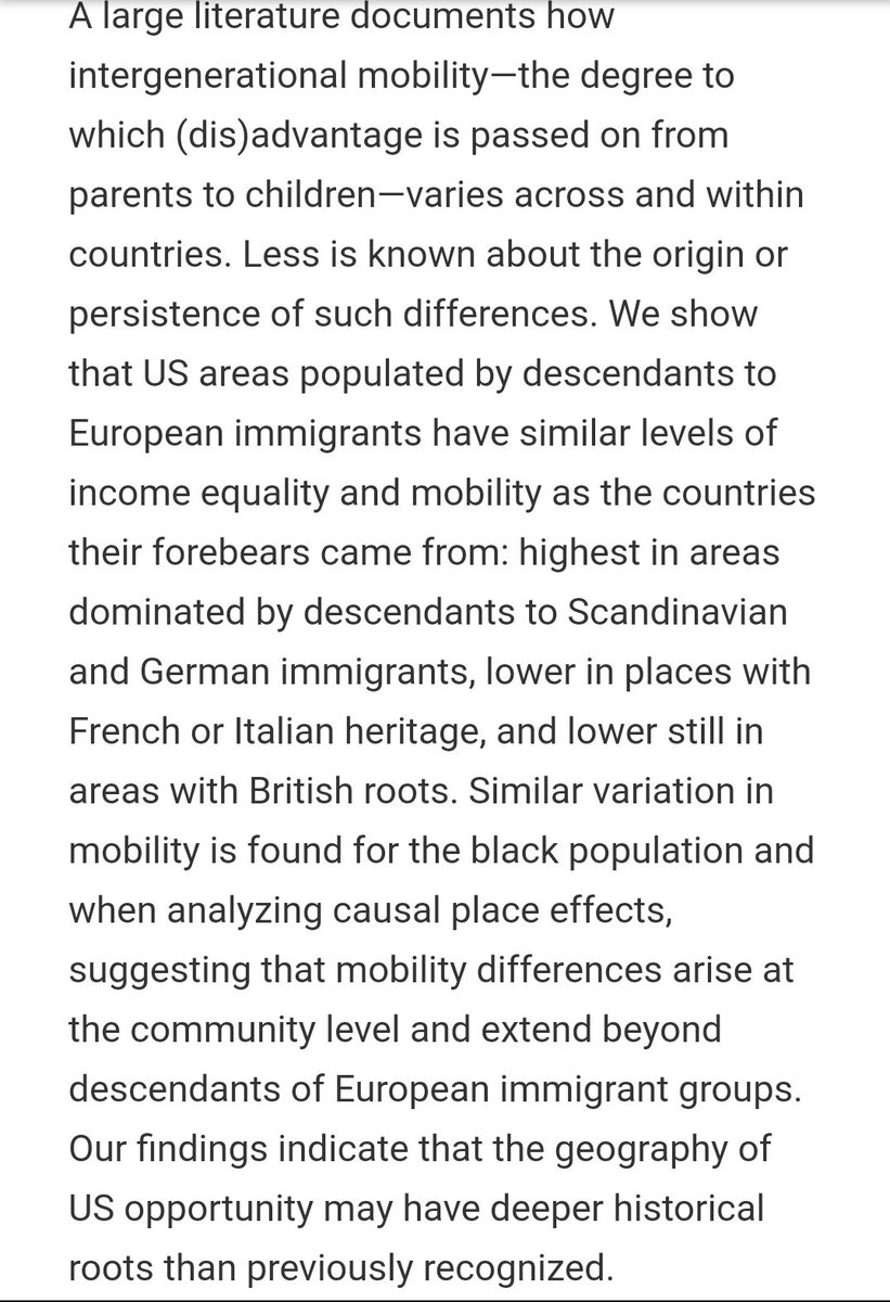 A new paper shows that places in the United States inhabited by European descendants exhibit similar levels of income inequality and intergenerational mobility as the European countries their forebears emigrated from.  http://bit.ly/2TjuX71&nbsp;