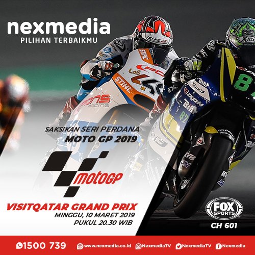 NexmediaTV's tweet photo. Seri perdana MotoGP 2019 akan dimulai akhir pekan ini!
Siapa yang udah gak sabar nonton #MotoGp setelah libur sekian lama?
.
.
Yuk nonton 2019 VisitQatar Grand Prix LIVE di FOX Sports (Ch.601) #NexGuide https://t.co/lVk4UoQnJW