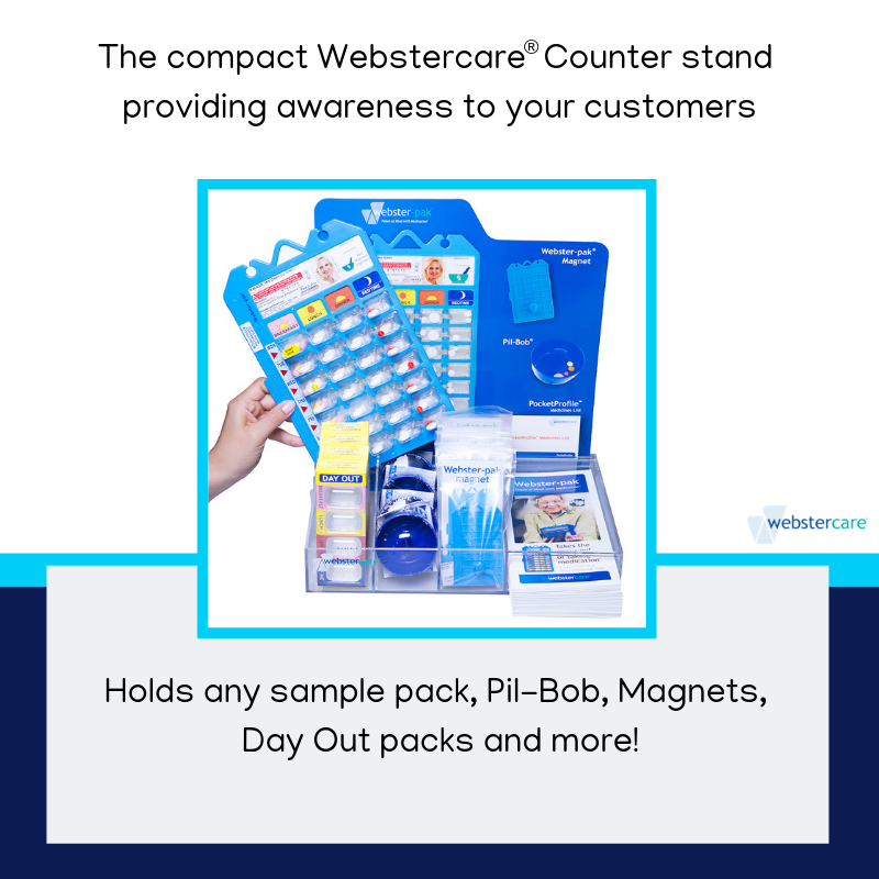 webstercare's tweet photo. The compact Webstercare® counter stand has been designed to encourage your customers to interact with the Webster-pak® system on display. 
Contact us to place your order 1800 244 358
#webstercare #websterpak https://t.co/a8QAqXsx1c