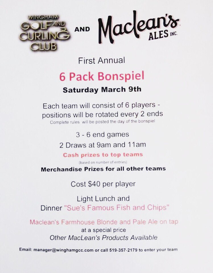 Come out to the curling club for the first annual ‘6-pack’ bonspiel sponsored by <a href="/macleansales/">MacLean's Ales</a> THIS Saturday, March 9th! For more information on how to sign up check out the last post on our Facebook following the link in our bio!