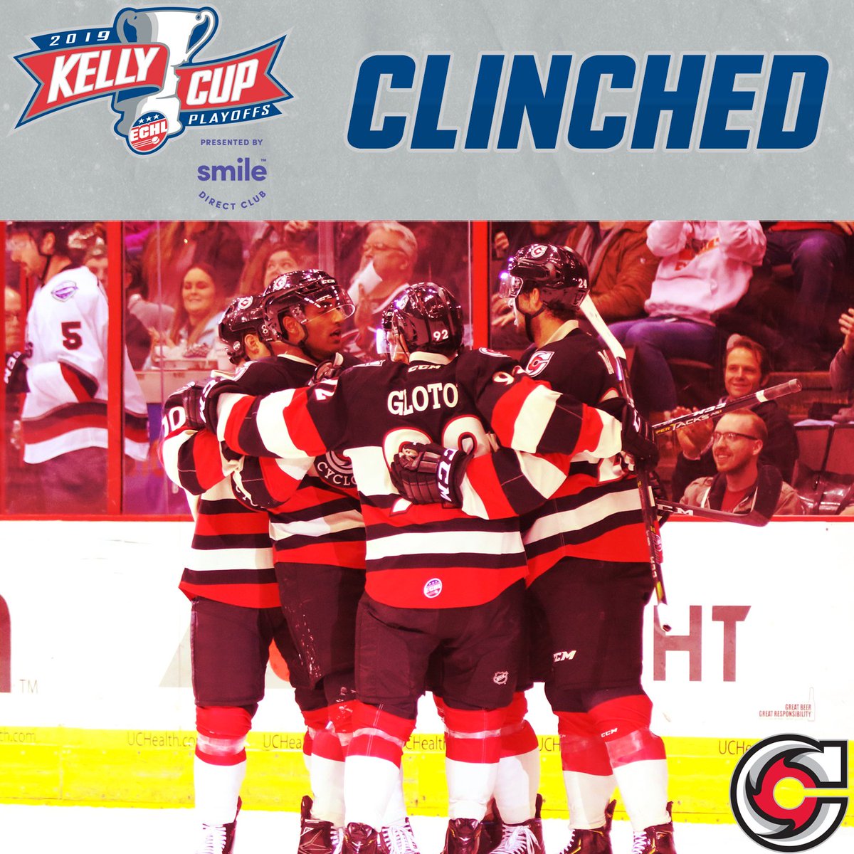 ECHL's tweet photo. Smile, @CincyCyclones! 

You're the first team to clinch a spot in the 2019 #KellyCupPlayoffs presented by @smiledirectclub https://t.co/j2bL8JzKWF