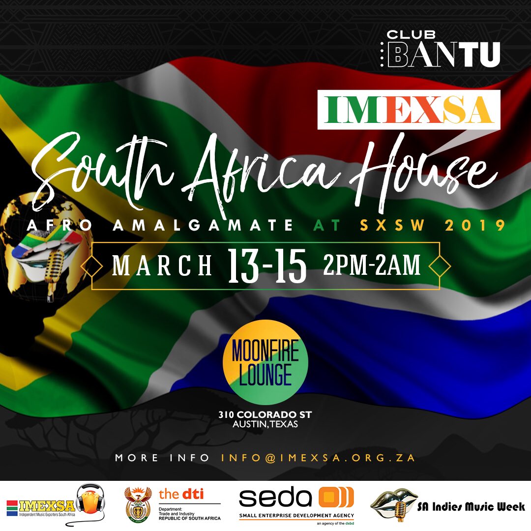 ClubBantu's tweet photo. Donβt miss #IMEXSA South Africa πΏπ¦ House Music Conference at #SXSW 2019 at Club Bantu @MoonfireLounge w/ over 30 Artists #LIVE π₯ Wed Mar 13th - Fri Mar 15th! #AFROHOUSE #AFROBEATS #GQOM #KWAITO #DANCEHALL #AFRICANMUSIC #HIPHOP #SOUTHAFRICA #SXSW2019 #CLUBBANTU #AUSTIN #ATX https://t.co/e530rEl9mY