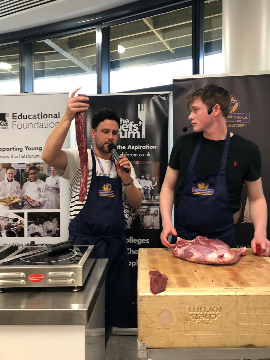 Jack and Alex gave a venison butchery masterclass to 100 GCSE students yesterday @Gloscol - A couple said they were considering a career in the meat trade, which was very good to hear! #NAW19 #tasterday