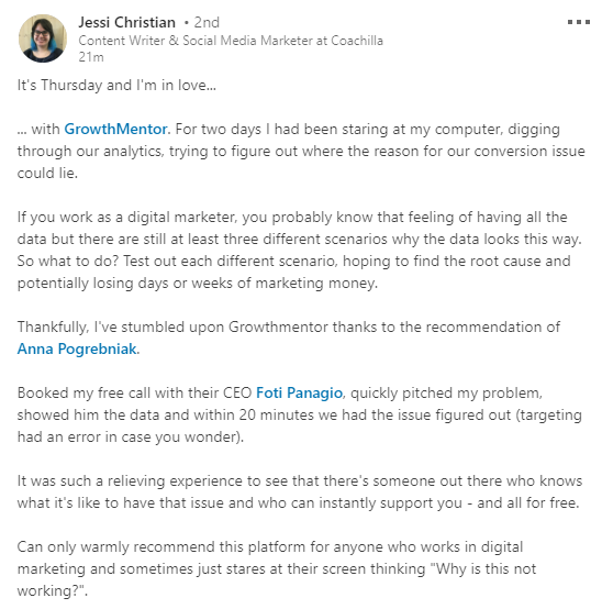 GrowthMentorHQ's tweet photo. This makes our day! 🥰 https://t.co/ZhzrxeXMwQ … #CustomerFeedback #OnlineMentorship #MaketingAdvice https://t.co/1xQzmZ94Dw