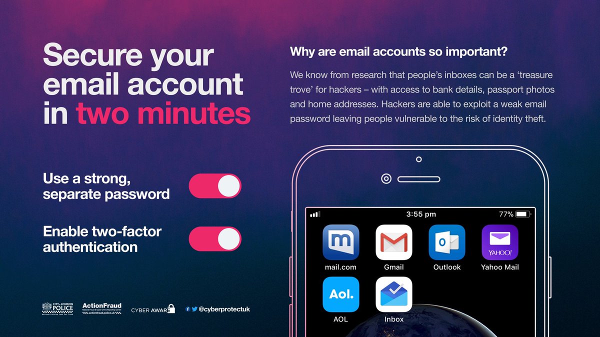CyberProtectUK's tweet image. 79% of Brits surveyed keep emails in their inboxes that could be used by cyber criminals for ID theft or fraud. Have you secured your email account properly? #CyberProtect