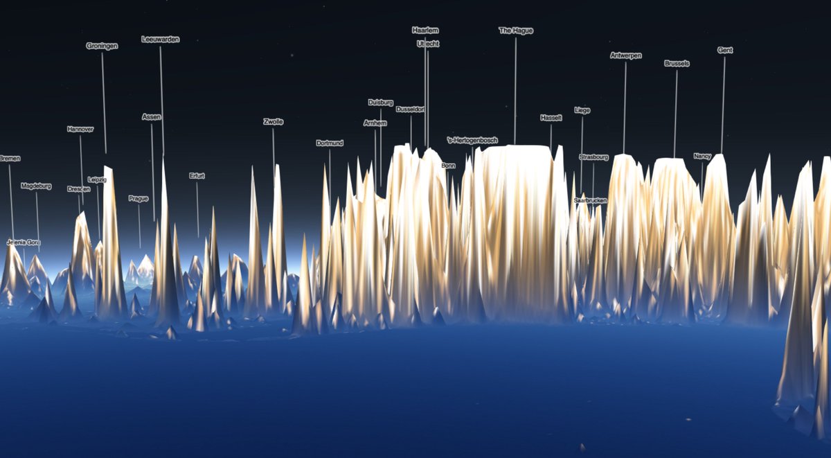 wearemonnik's tweet photo. Onze Randstad is een Himalaya van licht. Zo wordt het zichtbaar in de  cartografie van licht die Jacob Wasilkowski @JWasilGeo maakte van onze nachtelijk planeet.  https://t.co/r3CQtRva0l https://t.co/jn92869Ul2