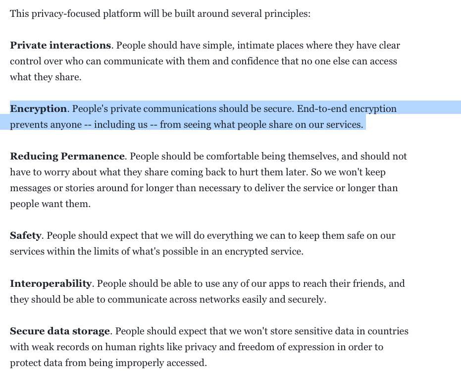 PrivacyMatters's tweet image. It is disingenuous to equate encryption with &apos;private messaging’ as Mark has.

Notice that the principles espoused by Mark do NOT mention #MetaDataPrivacy . In fact he only mentions metadata once - it &quot;makes sense to limit the amount of time we store messaging metadata&quot;