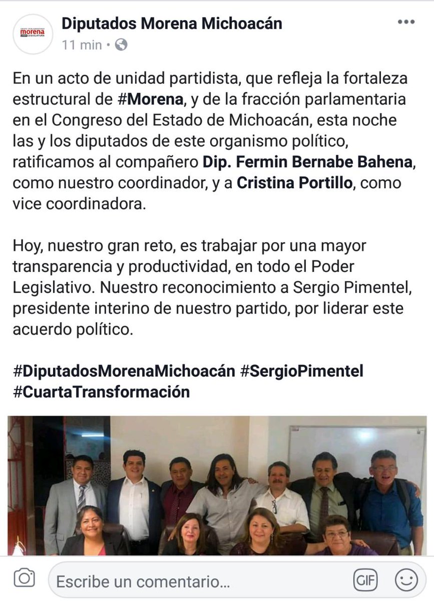 En un acto de unidad partidista, que refleja la fortaleza estructural de #Morena, y de la fracción parlamentaria en el Congreso del Estado, está noche, ratifican a Fermín Bernabé Bahena, como coordinador, y a Cristina Portillo, como vicecoordinadora.