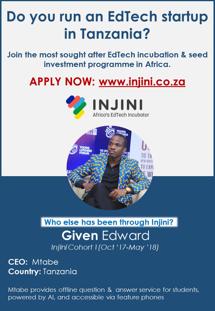 injiniedtech's tweet photo. Do you think your #EdTech #startup can address the #learning #crisis in #Tanzania using #AI ? We're looking for entrepreneurs like you to join #Injini. Apply at  https://t.co/kjjbEgFmGb  &amp;join inspiring #developers like @GIVENALITY , CEO of @MtabeApp 
FYI @alueducation ,@bunihub https://t.co/X2mpQka3Dv