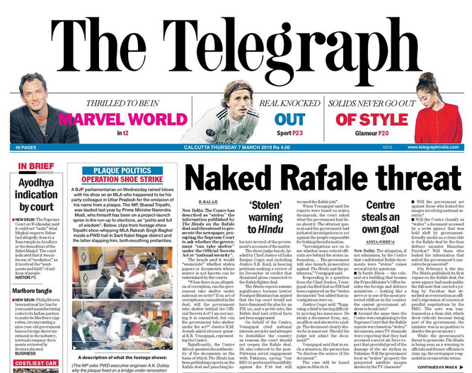ttindia's tweet photo. FROM OUR FRONT PAGE: Government's admission that confidential Rafale documents were 'stolen' raises several tricky questions.

READ: https://t.co/Pb1cHQtL4b https://t.co/yp1JQYo69I