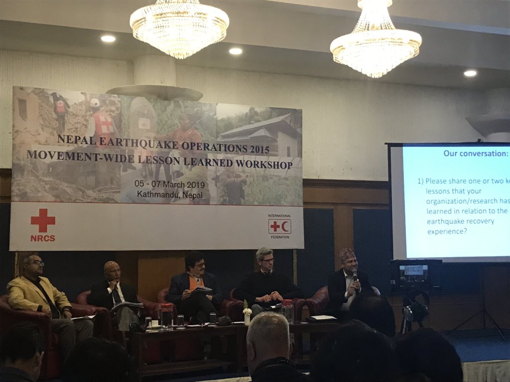 elakoTR's tweet photo. “It is not possible to enhance construction sector capacity 20 x in 1-2 yrs. That’s why focus has to be on technical assistance”. #NSET Dep. Exec. Director Dr. Guragain sharing his organization’s lessons learned from Nepal EQ #PostEarthquakeLearning @HRRP @NepalRedCross @IFRC https://t.co/aNcpOy0X0a