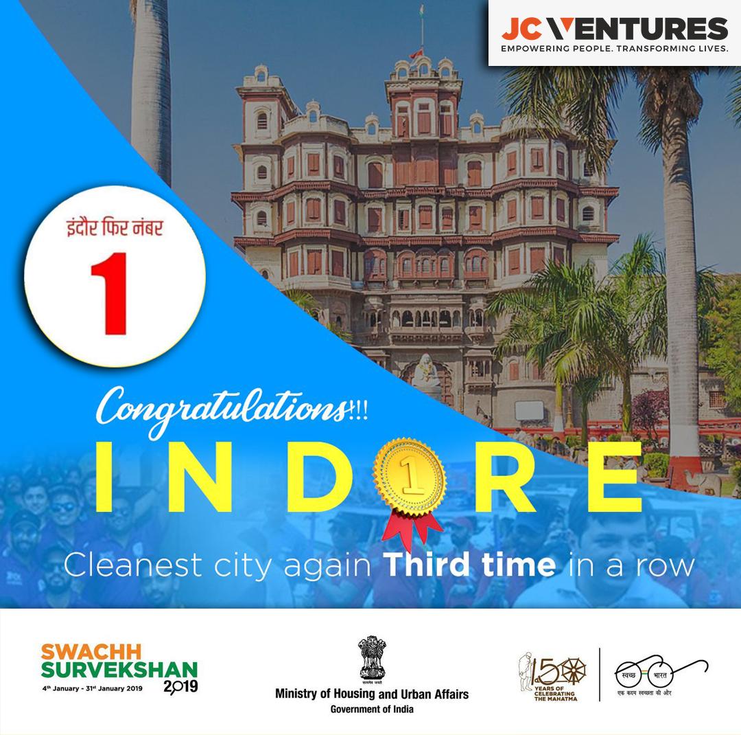 cmdjcventures's tweet photo. Indore Has Been Awarded as "Cleanest City" For Third Consecutive Year. JC Ventures congratulate to all the citizens for their significant contribution..!! 
#SwachhSurvekshan2019 #Indore #SwachhBharat #MyCleanIndia #jcventures #SwachhBharat #IndoreRahegaNo1 #justfollowme https://t.co/YdNsBorucO