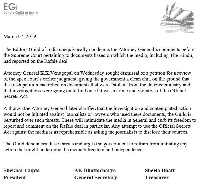 The Editors Guild of India has issued a statement.