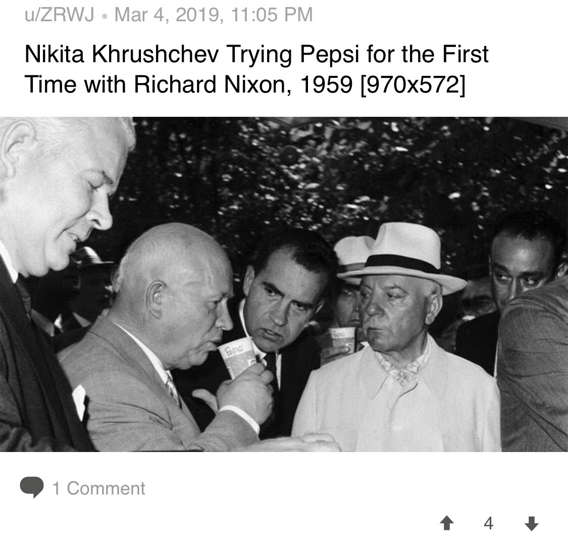 AddyCopp's tweet photo. Nixon watching Nikita Khrushchev drink Pepsi for the first time. Thought it was funny. @HardcoreHistory #Reddit https://t.co/LDXh3CDVa7