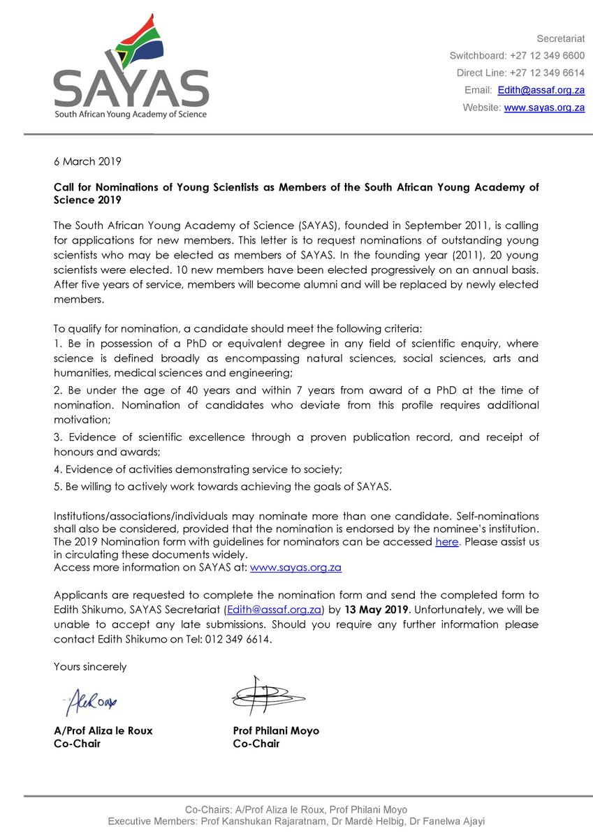 SAYAS (@sayas_sa) on Twitter photo Call for Nominations of Young Scientists as Members of the South African Young Academy of Science 2019. We are requesting for nominations of outstanding young scientists <a href="/UniMpumalanga/">University of Mpumalanga</a> <a href="/iThemba_LABS/">iThemba LABS</a> <a href="/CSIR/">CSIR 🇿🇦</a> <a href="/NRF_News/">National Research Foundation of South Africa</a> <a href="/HSRCza/">HSRC.ac.za</a> <a href="/Univenofficial/">University of Venda</a> <a href="/FreeStateU/">FreeState University</a> <a href="/theNWU/">NWU - North-West University</a> Call for Nominations of Young Scientists as Members of the South African Young Academy of Science 2019. We are requesting for nominations of outstanding young scientists <a href="/UniMpumalanga/">University of Mpumalanga</a> <a href="/iThemba_LABS/">iThemba LABS</a> <a href="/CSIR/">CSIR 🇿🇦</a> <a href="/NRF_News/">National Research Foundation of South Africa</a> <a href="/HSRCza/">HSRC.ac.za</a> <a href="/Univenofficial/">University of Venda</a> <a href="/FreeStateU/">FreeState University</a> <a href="/theNWU/">NWU - North-West University</a>