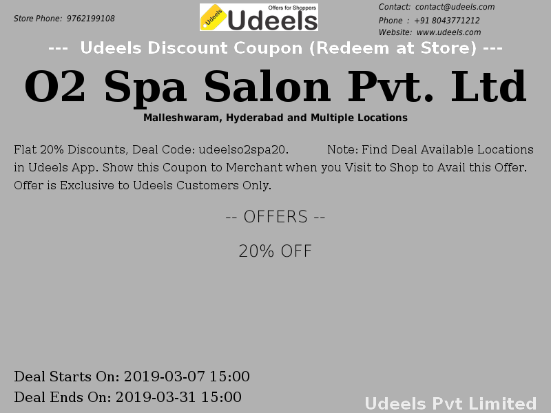 UdeelsU's tweet photo. 20% OFF | Flat 20% Discounts | #O2SpaSalonPvtLtd | #BeautyPersonalCare | #Hyderabad
https://t.co/813FFIxyRX https://t.co/Jvkz8uqZbg