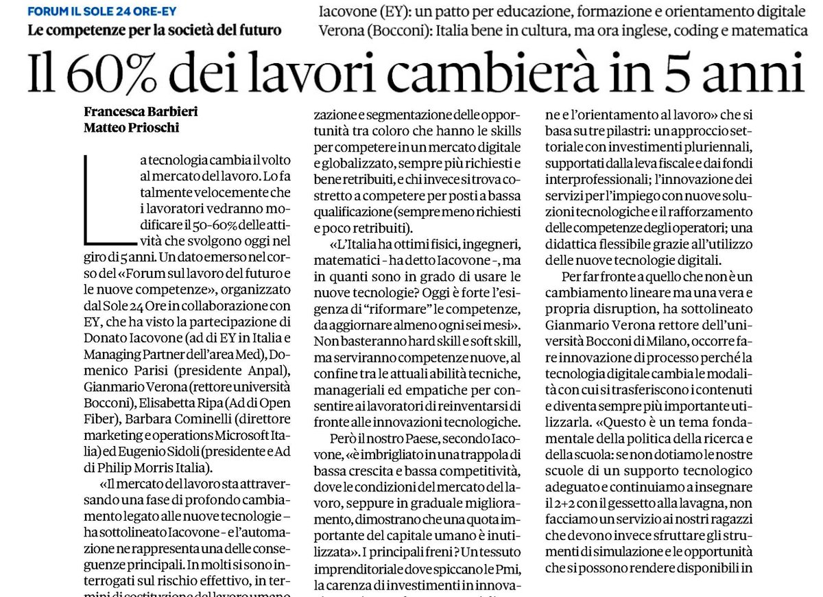 Il 60% dei lavori cambierà in 5 anni. Le #competenze per la società del futuro. Un patto per educazione formazione e orientamento #digitale (EY). #Italia bene in #Cultura, ma ora inglese, coding e matematica (Bocconi) #innovazione #startup #business #investimenti #blockchain 🚀📝