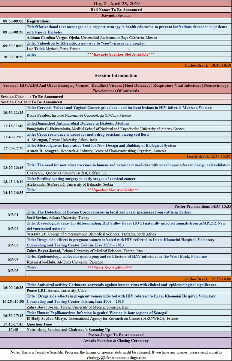 Virology18's tweet photo. #Microbiology_Virology_2019 Day2 program
#Host Defences
#Respiratory Viral Infections
#Neurovirology
#Global Spread Of Viruses
#Development Of Antivirals https://t.co/7S4uq5FXQj