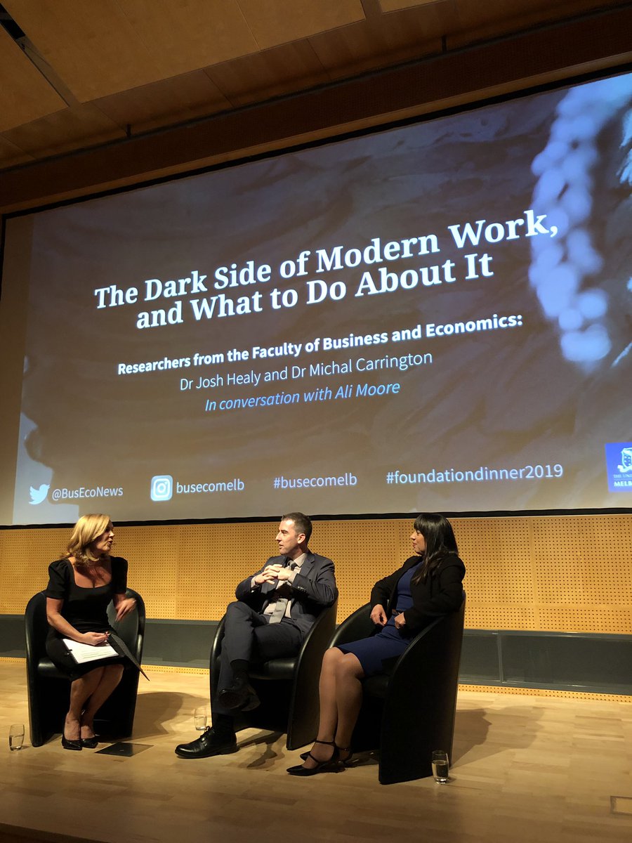 BusEcoNews's tweet image. Dr Michal Carrington and @youralarmbells join @alimoore004 for a discussion on the dark side of modern work. #foundationdinner2019 #busecomelb #busecomelbalumni #unimelb