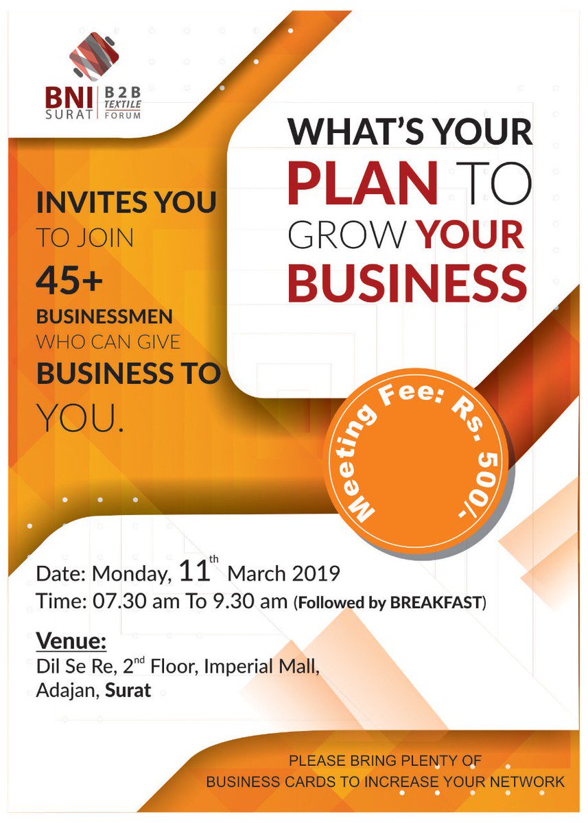 BNISurat's tweet image. #B2BTextileForum

You all are cordially invited to attend this meeting &amp;amp; get a chance to network with 45+ businessmen, who can be helpful to your business.

Date: 11th March 2019
Time: 07.30 AM To 9.30 AM
Venue: Dil Se Re, Imperial Mall, Adajan, Surat
Fees: Rs. 500
#BNISurat