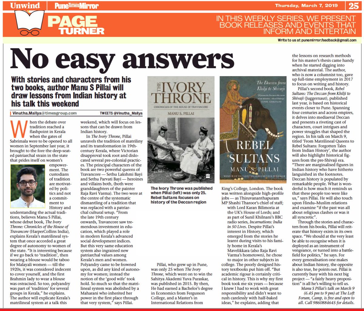 theLoftForum's tweet photo. @UnamPillai Manu Pillai, writer and historian, interviewed in a feature on his work by @VinuthaMallya Vinutha Mallya, in advance of his talk at the Loft Forum this Saturday. TOI Pune Mirror, 7th March, 2019. https://t.co/vnhNceTkoC