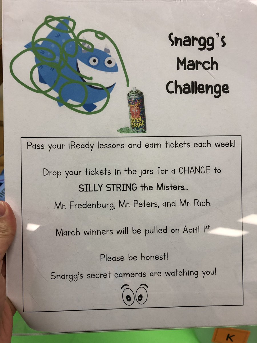 michelledking's tweet photo. @dawn_emling @BrevardSchools @iReady Here’s Snargg’s March Challenge- Student winners get to silly string our Admin/PE Coach! Can’t wait!! https://t.co/Ugp6xKffZ4